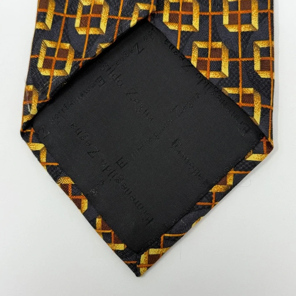 Ermenegildo Zegna Necktie Silk Black Gold‎ Geometric Box Pattern Men's